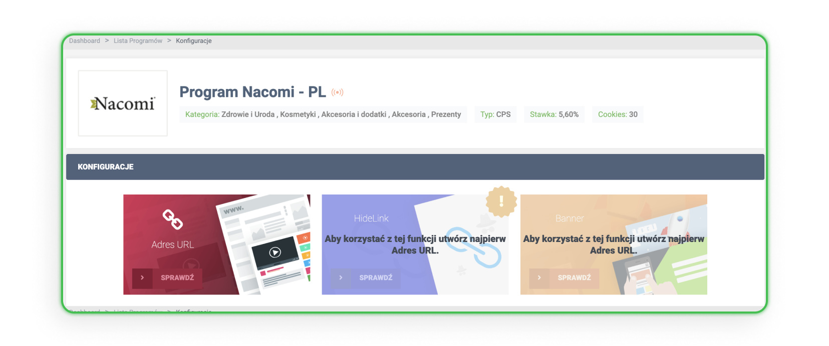 Widok programu partnerskiego Nacomi w sieci afiliacyjnej MyLead