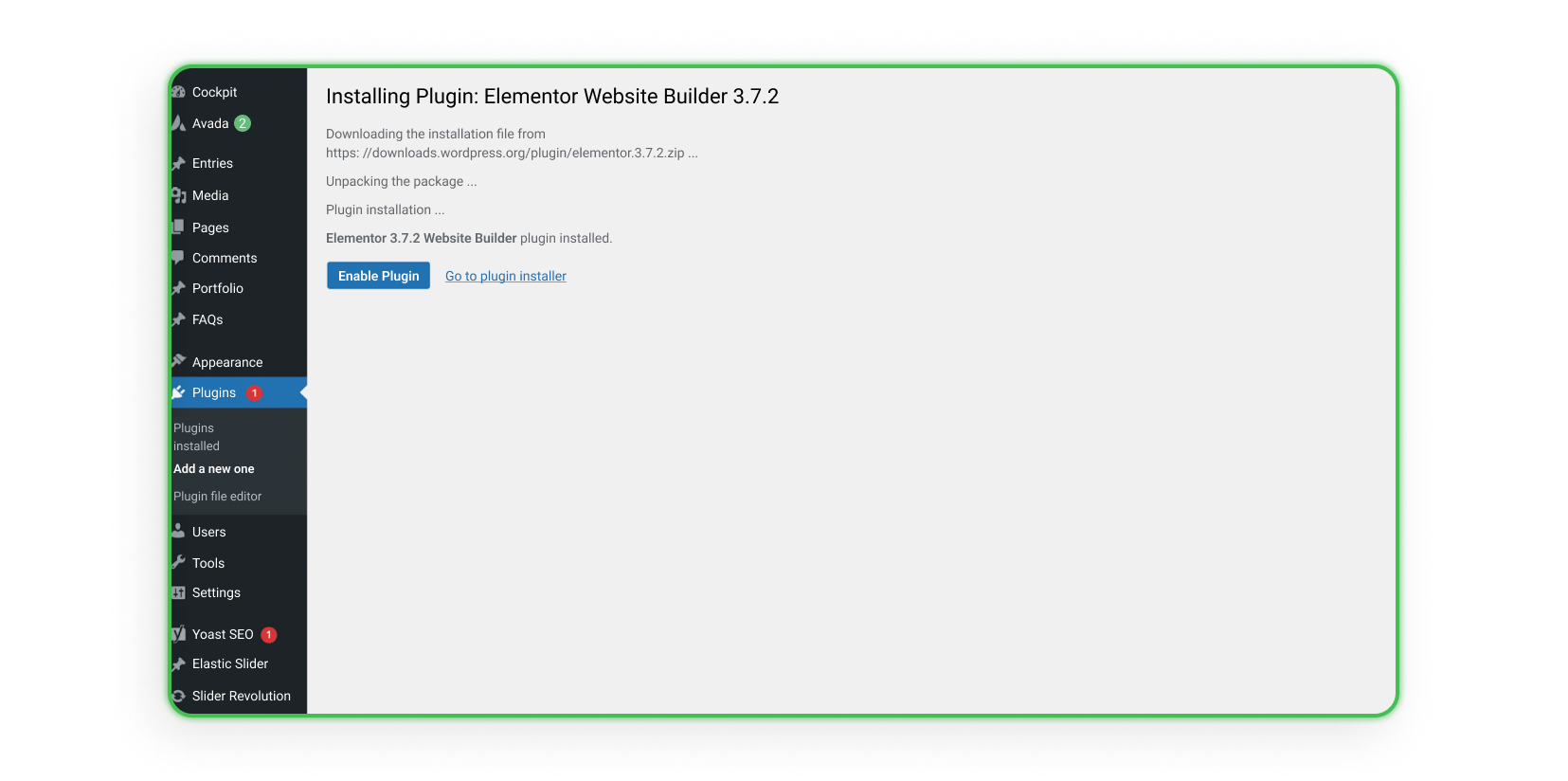 A screen on your website with the option to enable the plugin