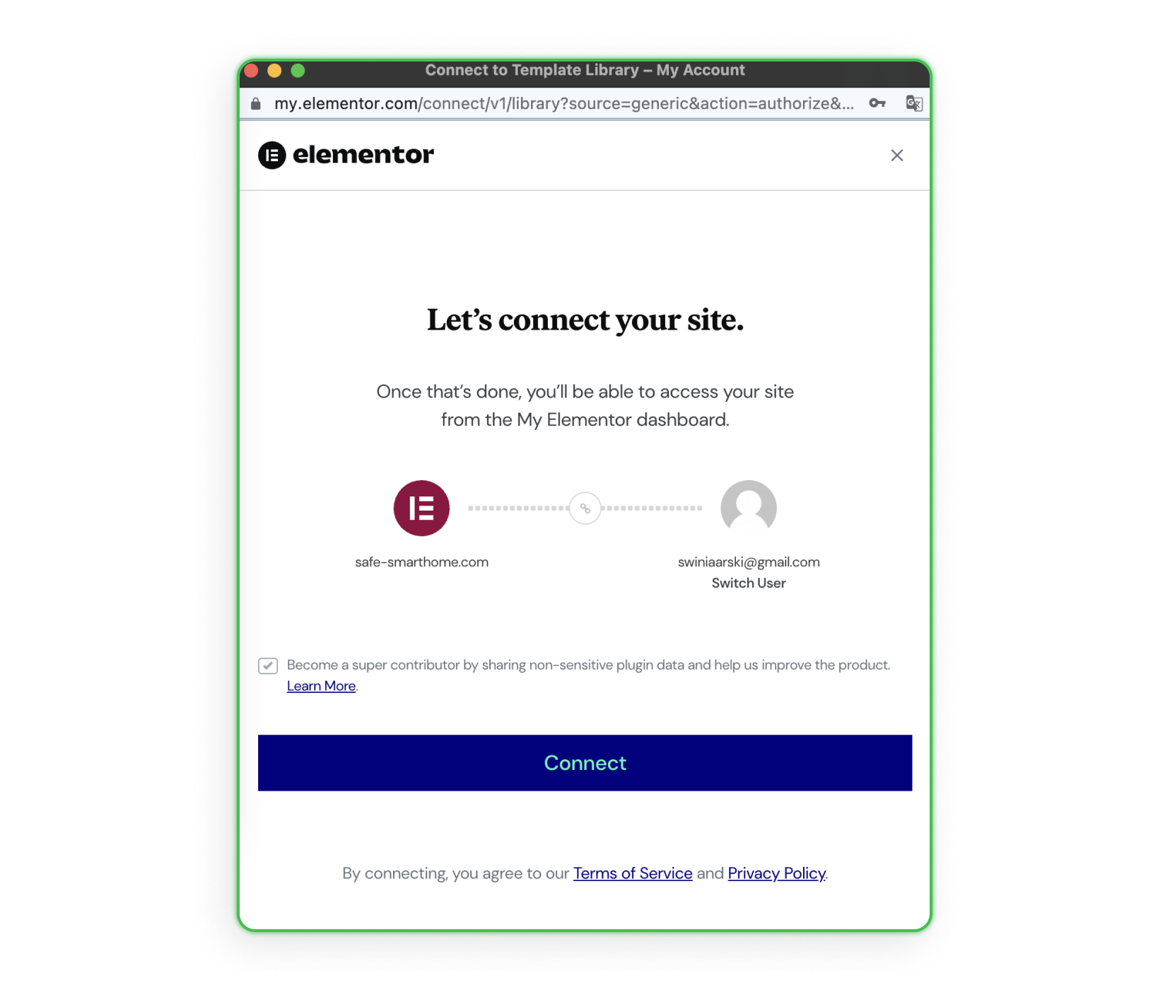 Elementor - conexión al sitio web<br>