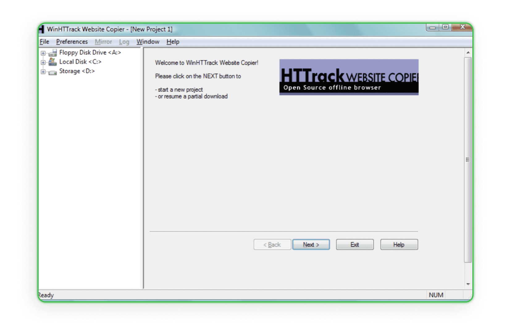Página de bienvenida a la interfaz para el descargador - HTTrack