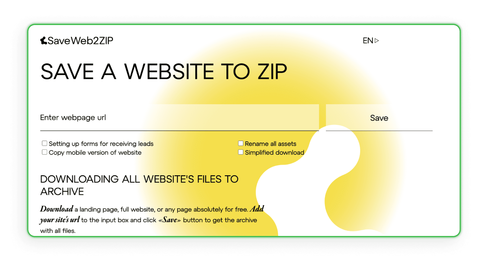 Interfejs strony Save a Web 2 ZIP